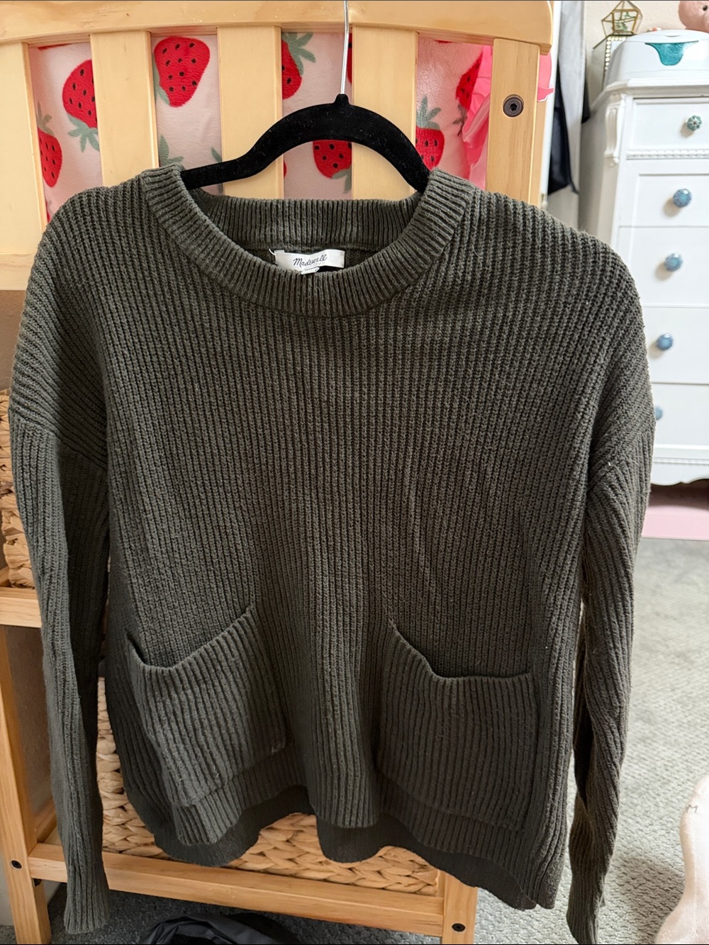 Madewell Olive Green Ribbed Crewneck Sweater with Front Pockets